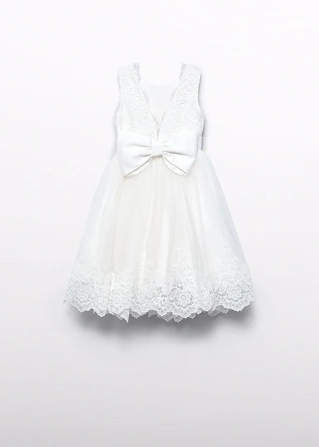 Abel & Lula Girls Embroidered Lace Tulle Dress - V-Back with Bow & Sash
