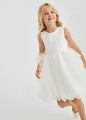Abel & Lula Girls Embroidered Lace Tulle Dress - V-Back with Bow & Sash