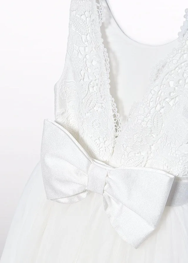 Abel & Lula Girls Embroidered Lace Tulle Dress - V-Back with Bow & Sash