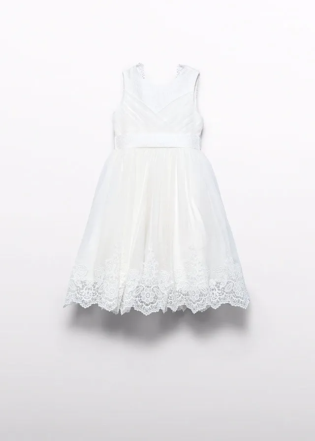 Abel & Lula Girls Embroidered Lace Tulle Dress - V-Back with Bow & Sash