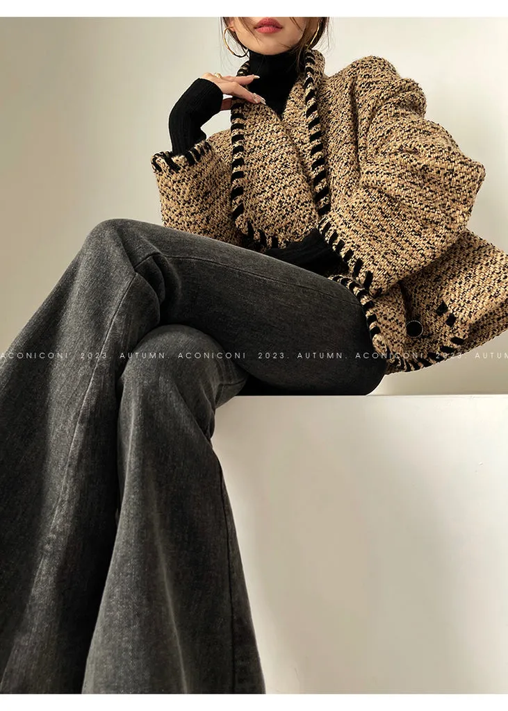 Aconiconi| Caramel wool jacket loose cropped tweed coat suit and skirt hip- Cocoa