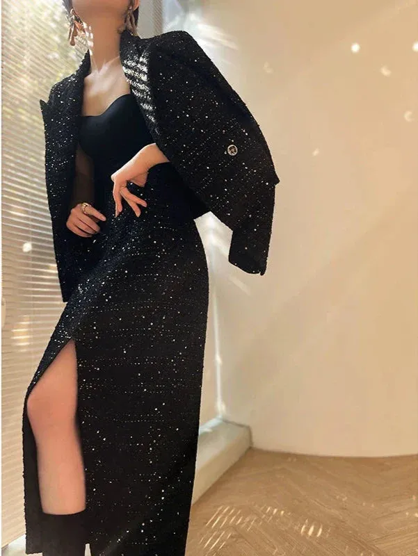 Aconiconi Tweed Sequins Fragrance Dress Skirt Loose Blazer Skirt