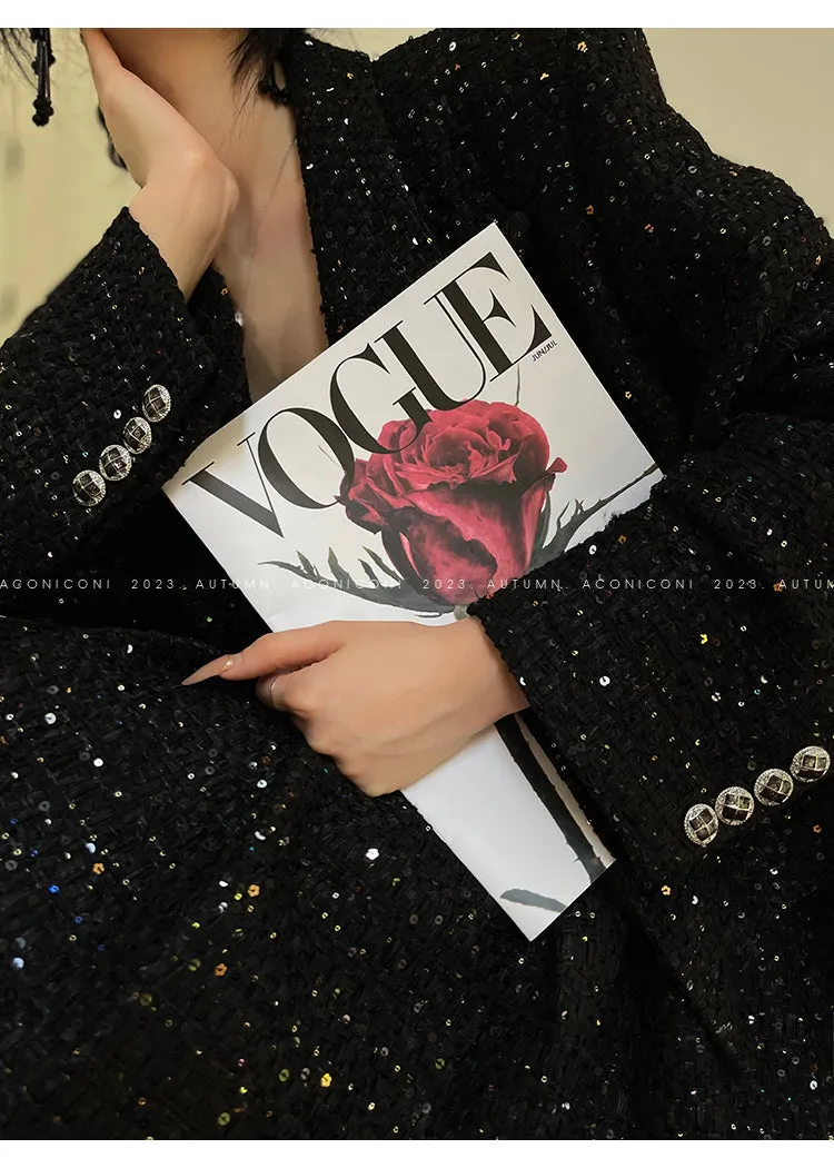 Aconiconi Tweed Sequins Fragrance Dress Skirt Loose Blazer Skirt
