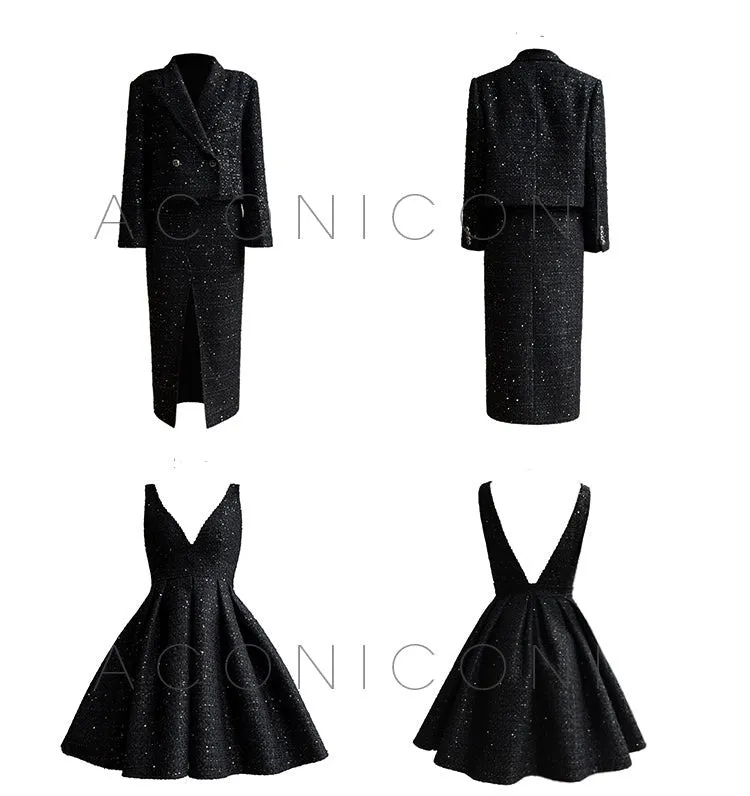 Aconiconi Tweed Sequins Fragrance Dress Skirt Loose Blazer Skirt