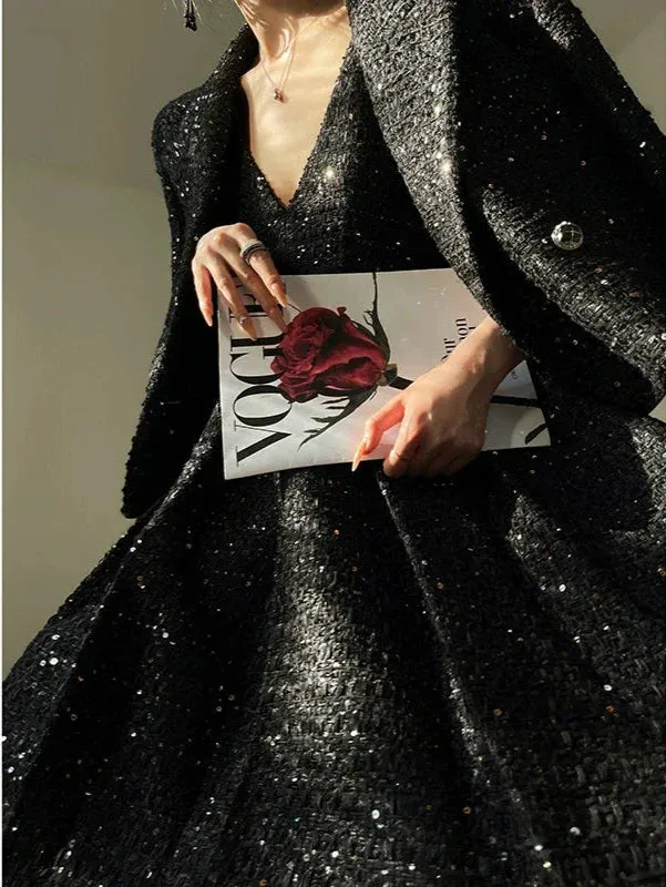 Aconiconi Tweed Sequins Fragrance Dress Skirt Loose Blazer Skirt