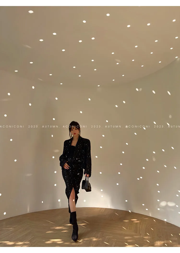 Aconiconi Tweed Sequins Fragrance Dress Skirt Loose Blazer Skirt