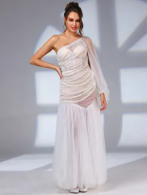 Beaded Pearl Wedding Dress bodice Tulle Single Long Sleeve