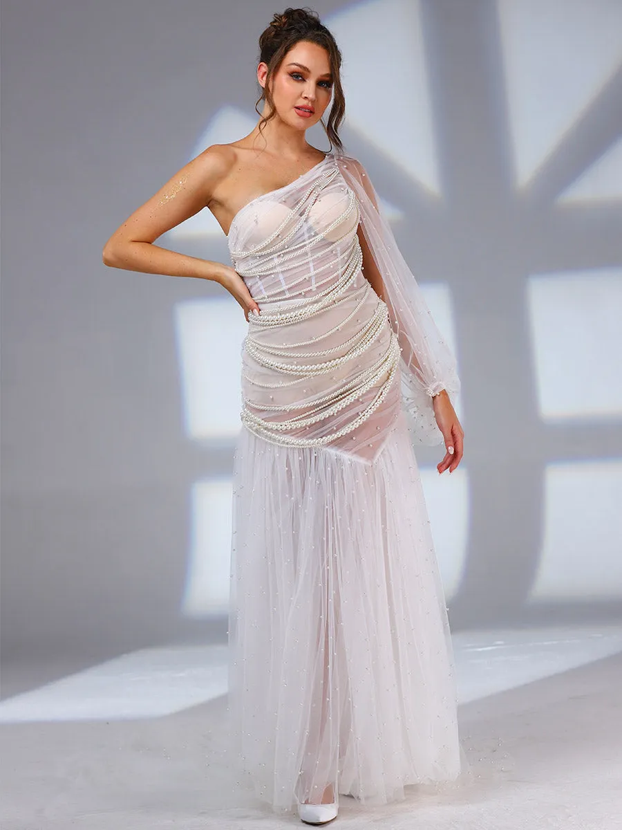 Beaded Pearl Wedding Dress bodice Tulle Single Long Sleeve