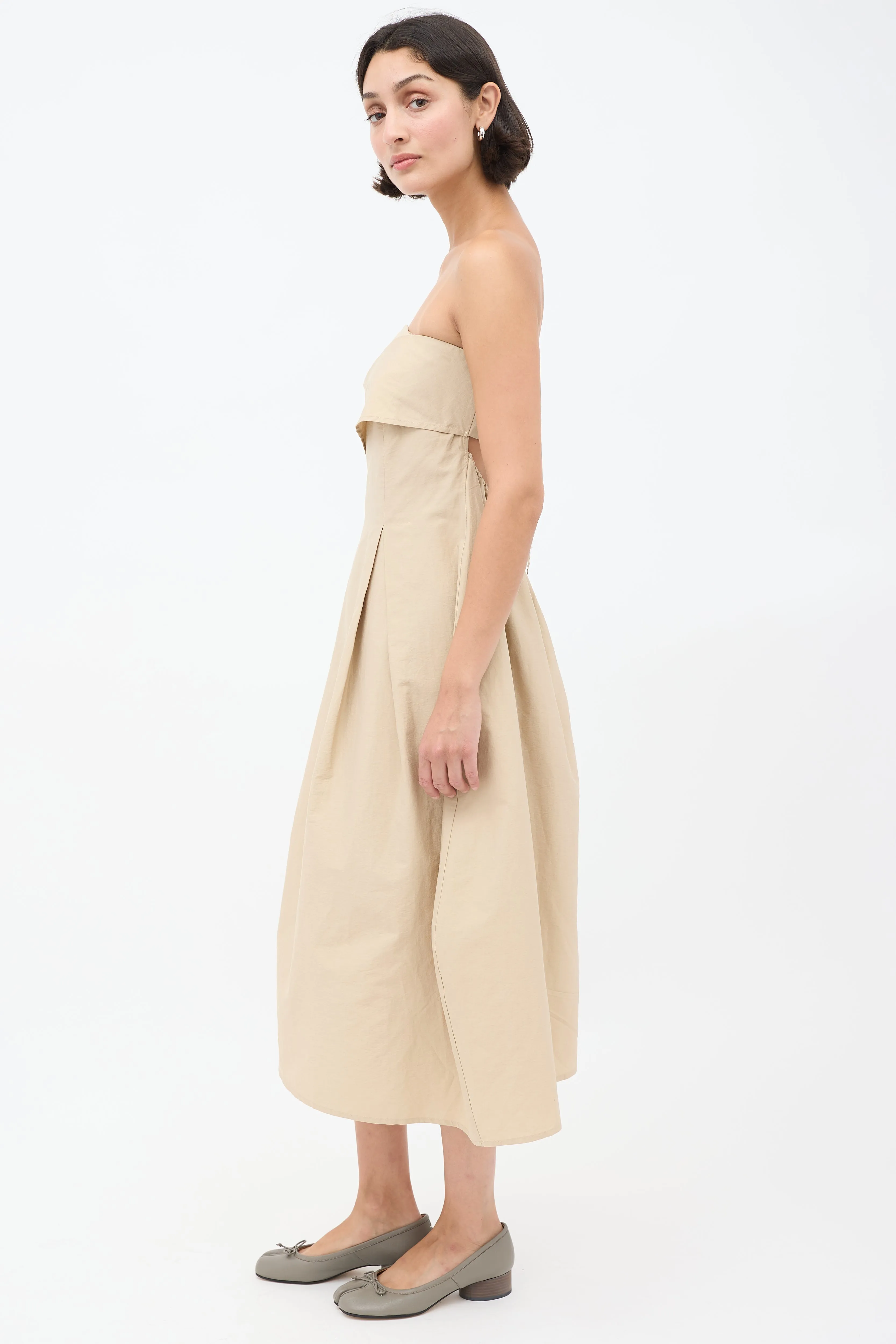 Beige Strapless A-Line Midi Dress