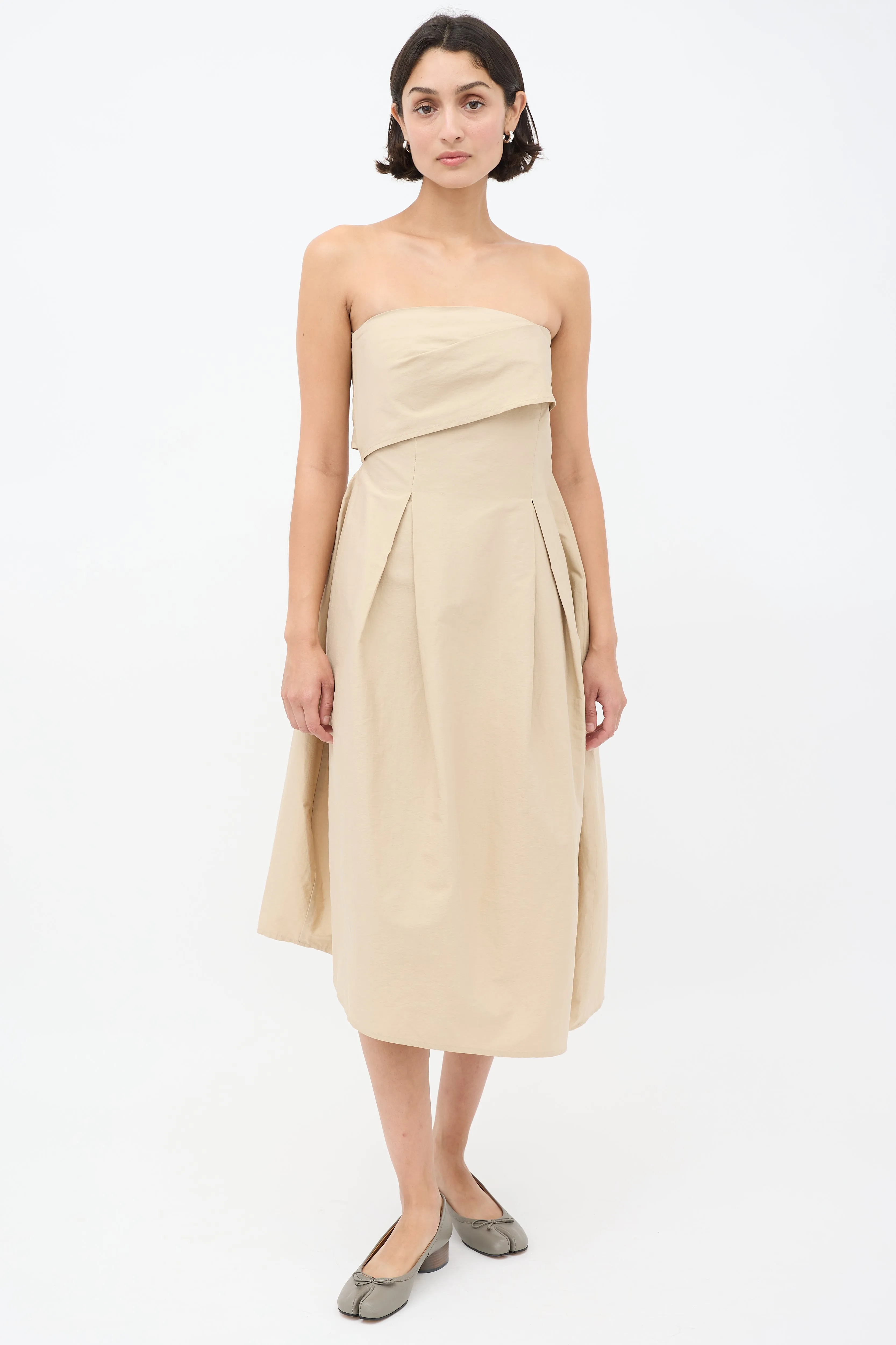 Beige Strapless A-Line Midi Dress