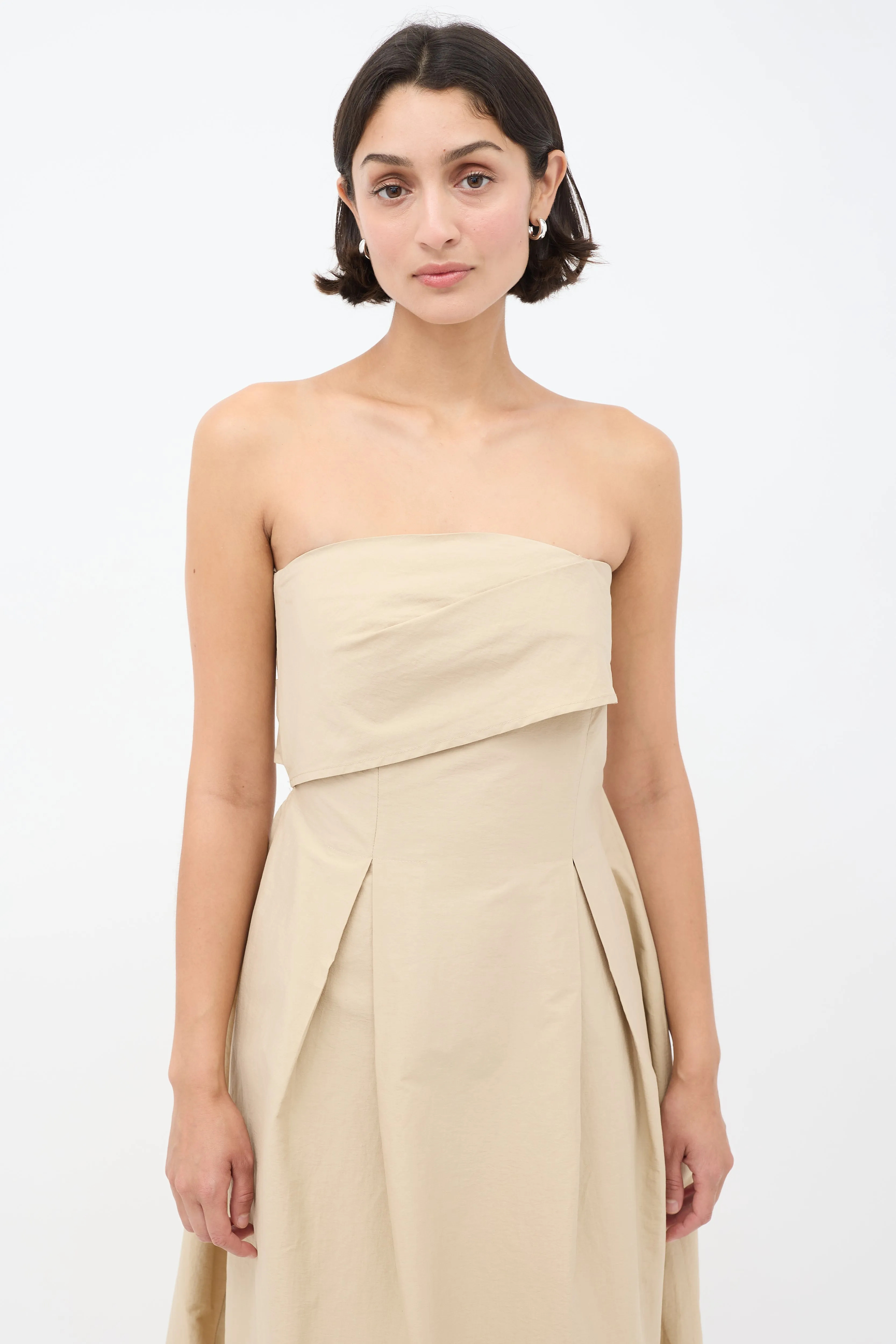 Beige Strapless A-Line Midi Dress