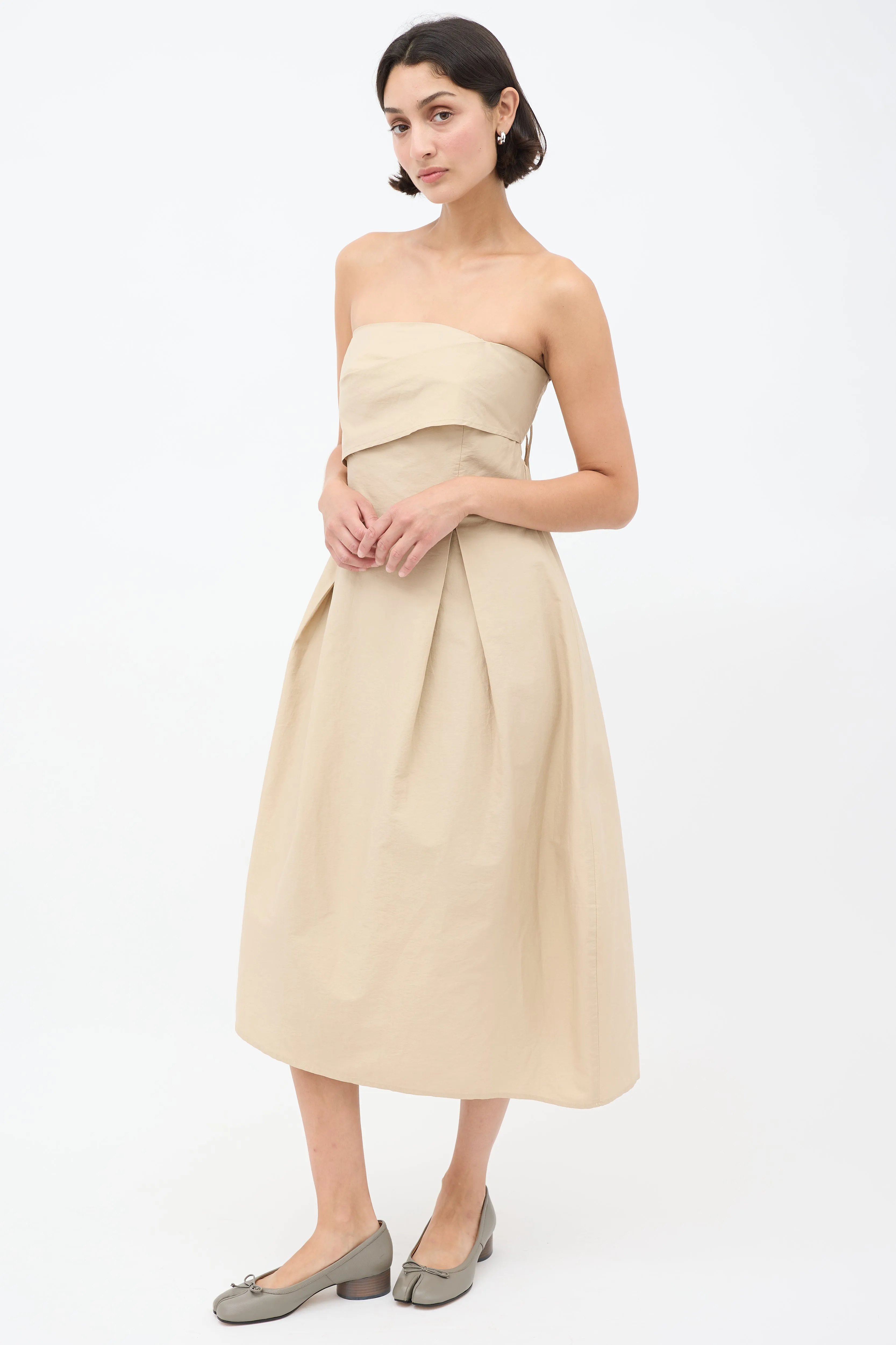 Beige Strapless A-Line Midi Dress