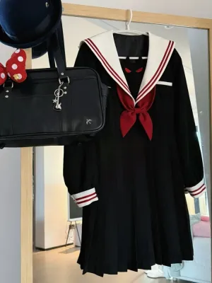Black Little Devil Sailor Collar Pleated Skirt JK Uniform Dress