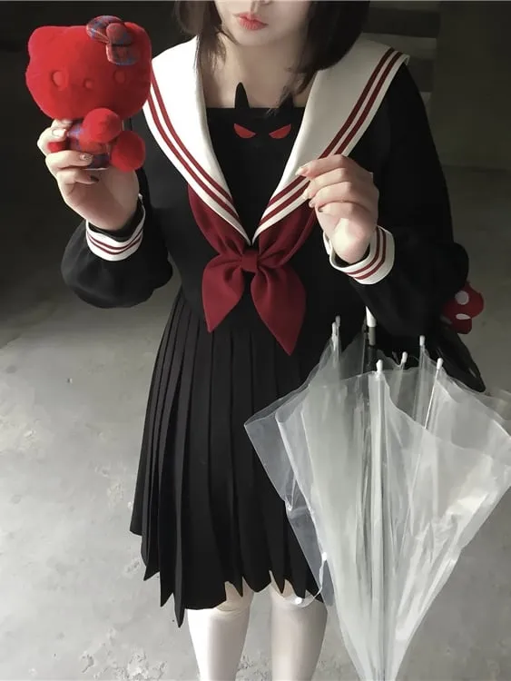 Black Little Devil Sailor Collar Pleated Skirt JK Uniform Dress