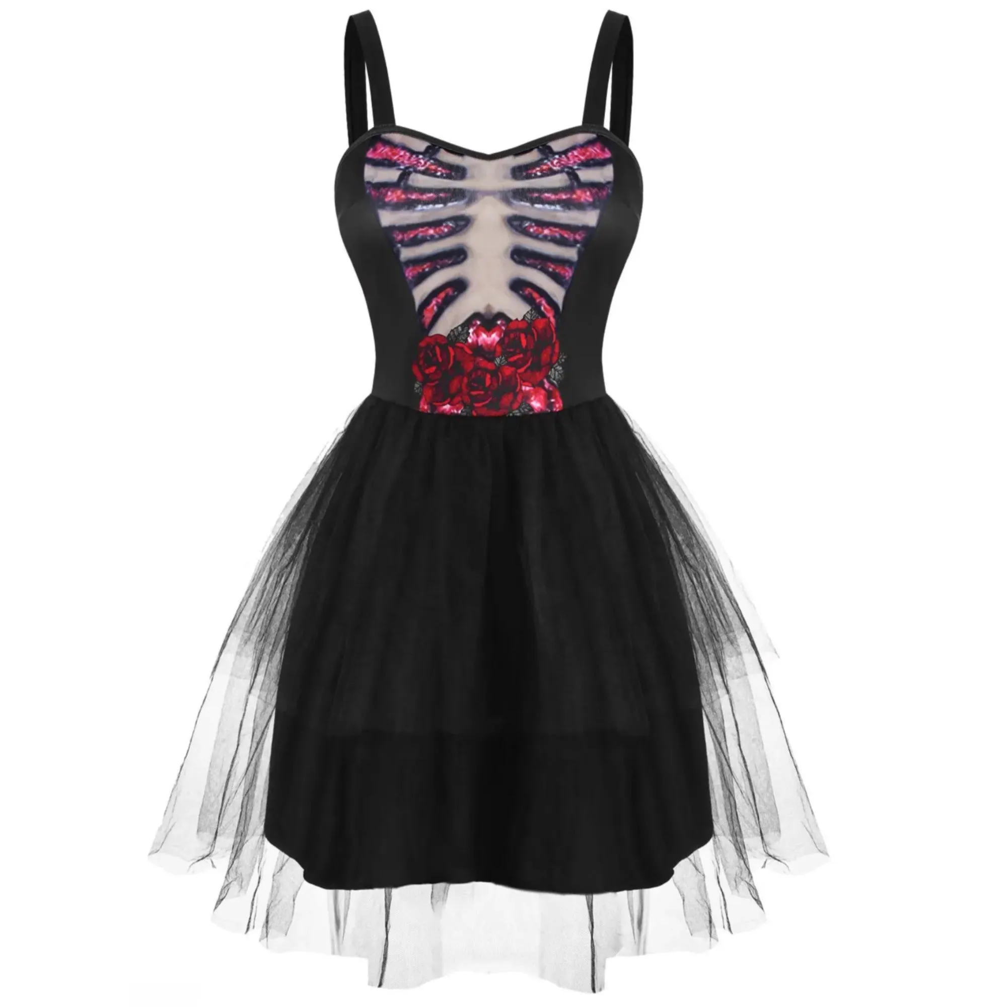 Black Skeleton Flower Tulle Overlay Tutu Dress