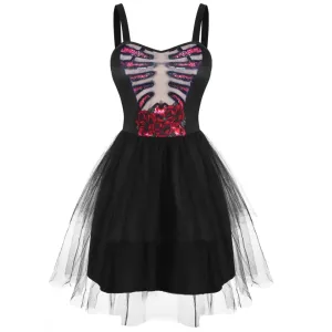 Black Skeleton Flower Tulle Overlay Tutu Dress