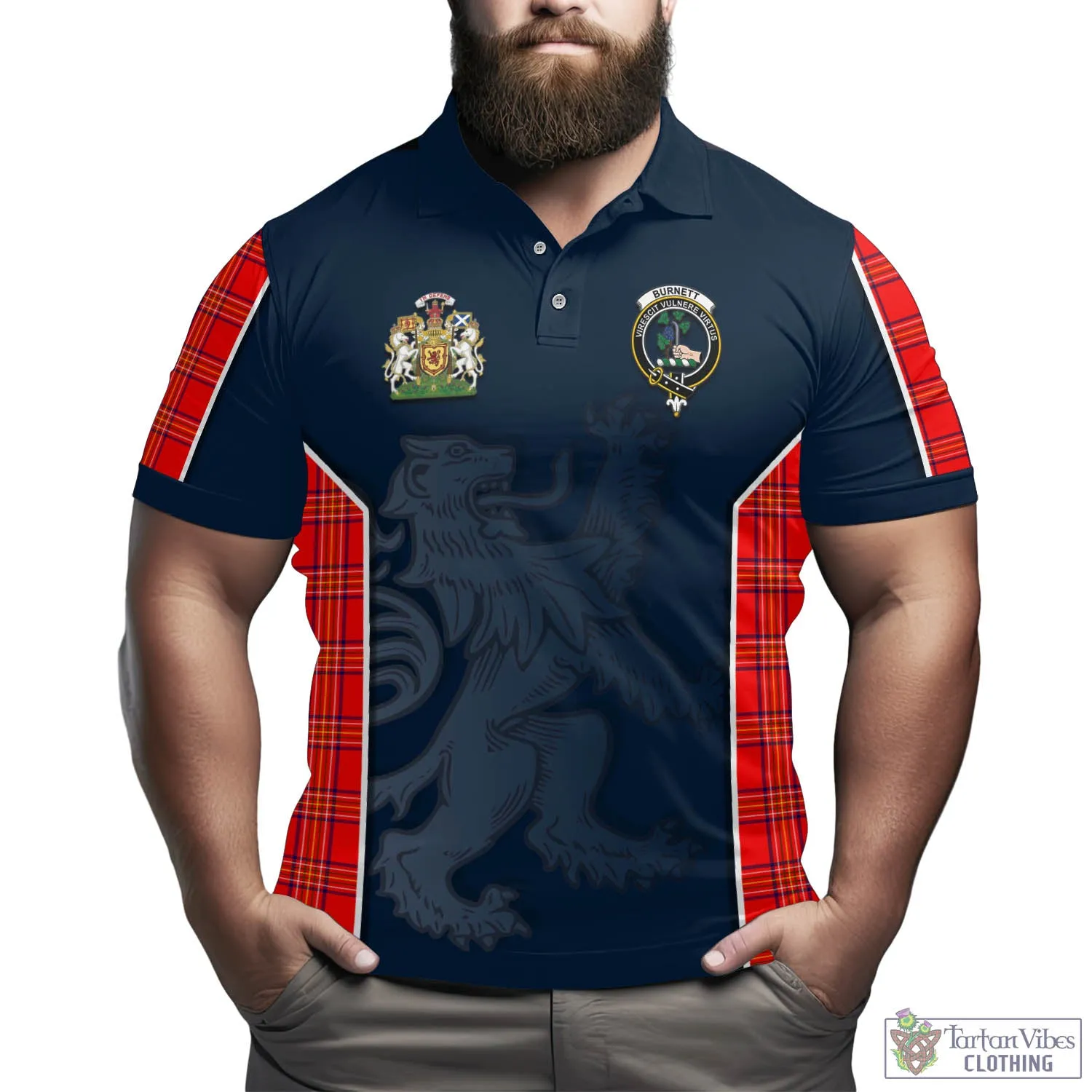Burnett Modern Tartan Men's Polo Shirt with Family Crest and Lion Rampant Vibes Sport Style