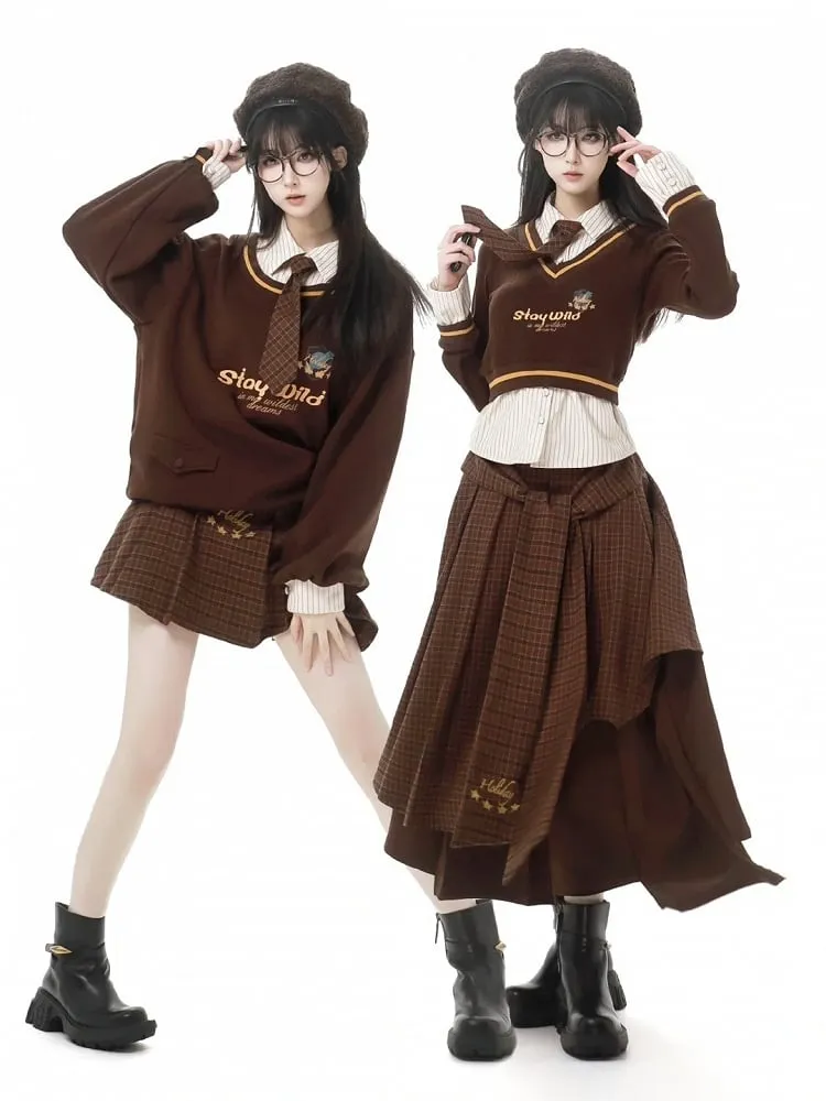 Coffee Plaid Pleated Skirt with Buckle Strap