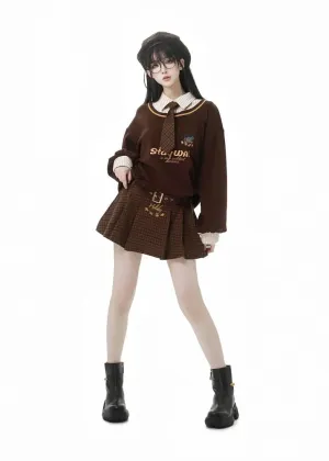 Coffee Plaid Pleated Skirt with Buckle Strap