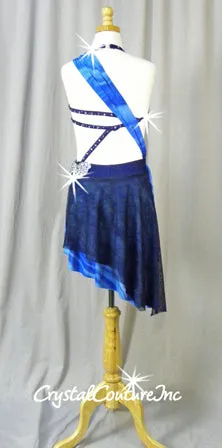 Custom Blue Bra-Top & Booty Shorts with Attached Asymmetrical Half Skirt - Swarovski Rhinestones