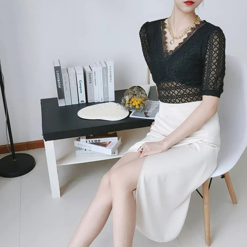 Drape high waist split skirt