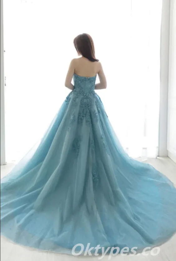 Elegant Blue Tulle Sweetheart Applique A-Line Long Prom Dresses,PDS0439