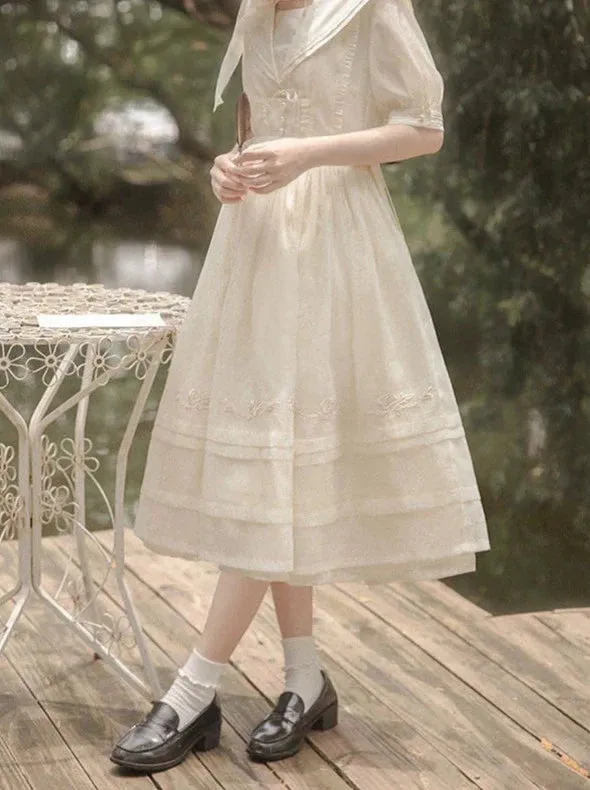 Embroidery Rose Belt Tulle Sailor Natural   Skirt Over Collar Dress Color   Fairy