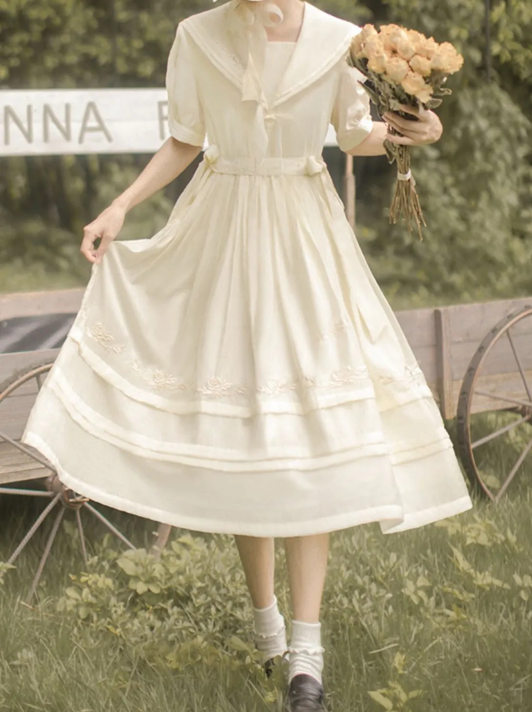 Embroidery Rose Belt Tulle Sailor Natural   Skirt Over Collar Dress Color   Fairy