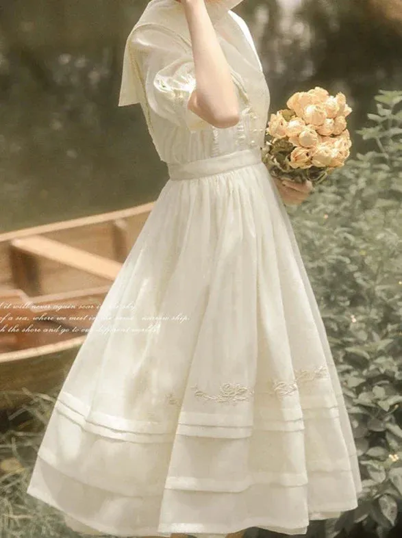 Embroidery Rose Belt Tulle Sailor Natural   Skirt Over Collar Dress Color   Fairy