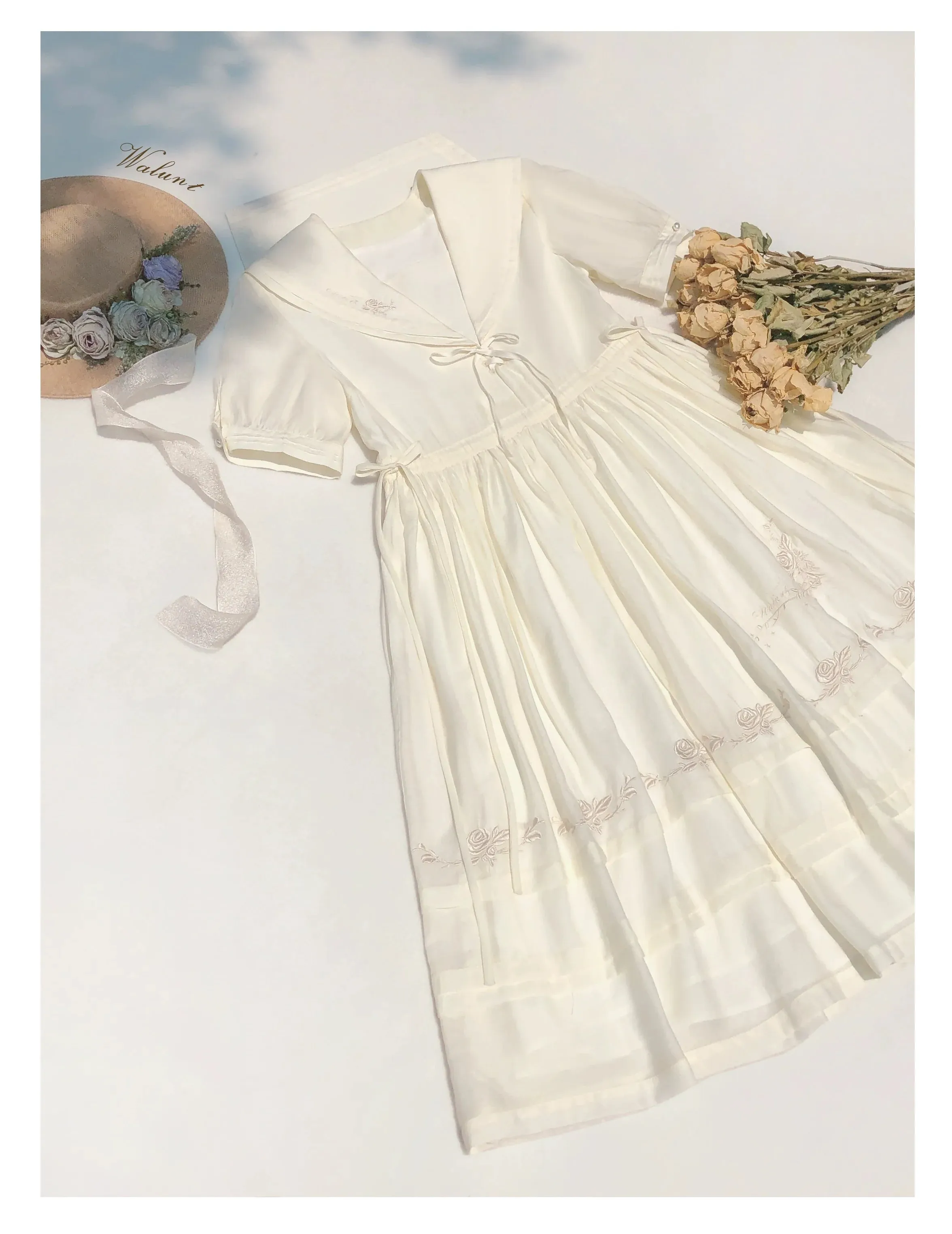 Embroidery Rose Belt Tulle Sailor Natural   Skirt Over Collar Dress Color   Fairy