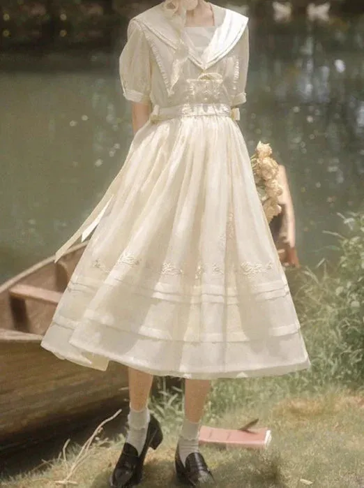 Embroidery Rose Belt Tulle Sailor Natural   Skirt Over Collar Dress Color   Fairy
