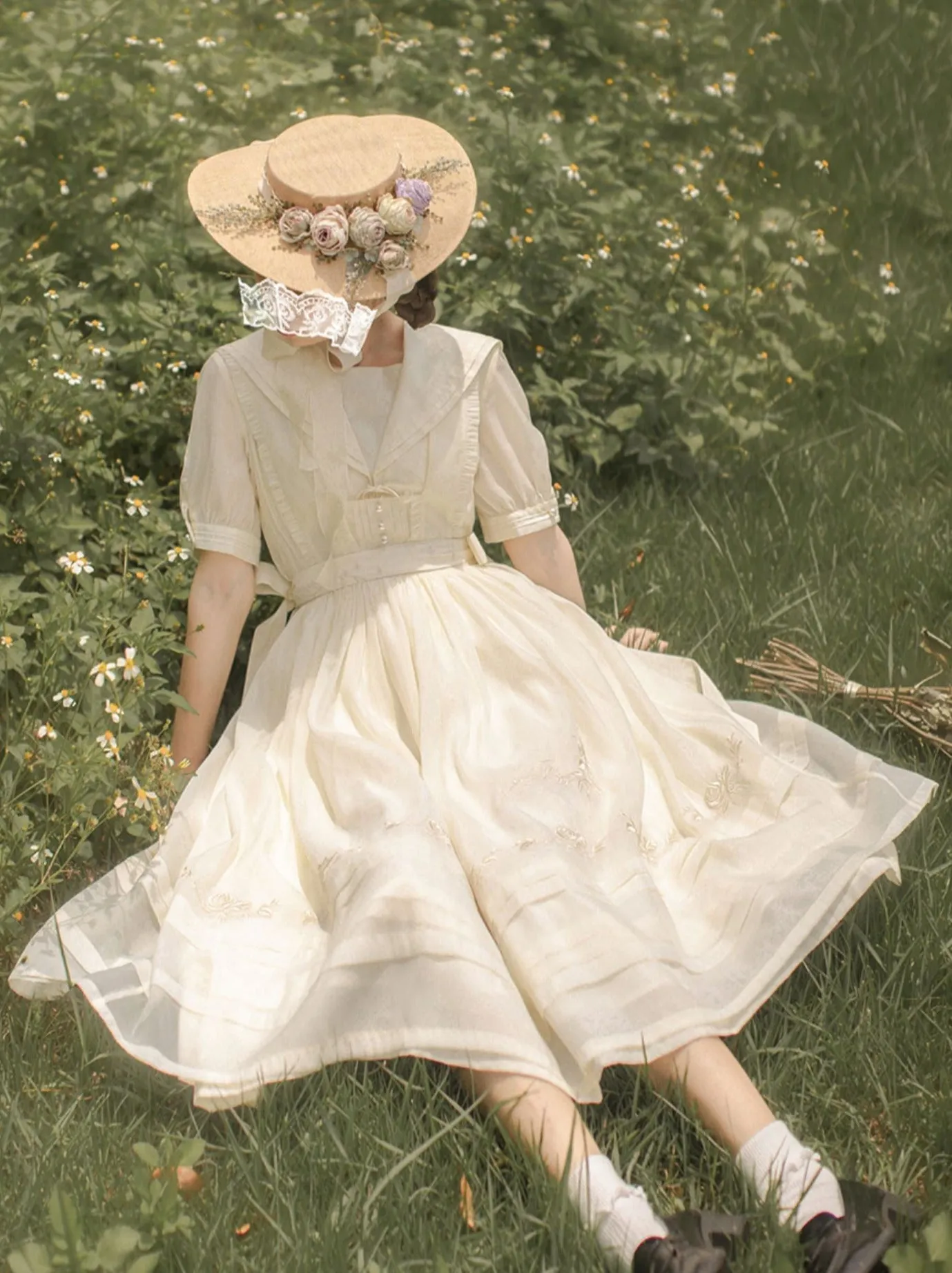 Embroidery Rose Belt Tulle Sailor Natural   Skirt Over Collar Dress Color   Fairy