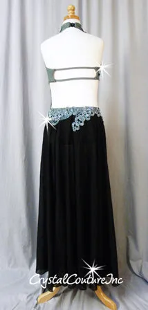 Gray and Black Leotard with Long Chiffon Skirt - Rhinestones
