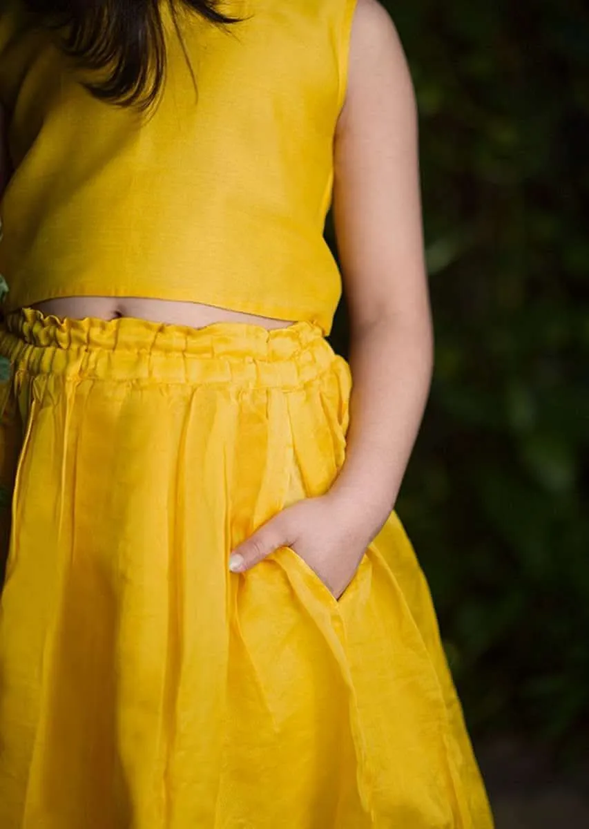 Kalki Girls Yellow Skirt And Crop Top In Hand Woven Cotton Silk With Tie Up At The Back And Woven Border By Love The World Today