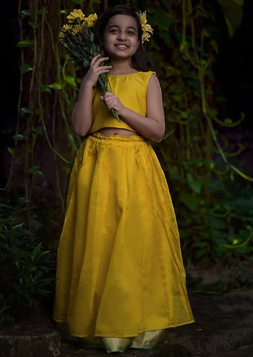 Kalki Girls Yellow Skirt And Crop Top In Hand Woven Cotton Silk With Tie Up At The Back And Woven Border By Love The World Today