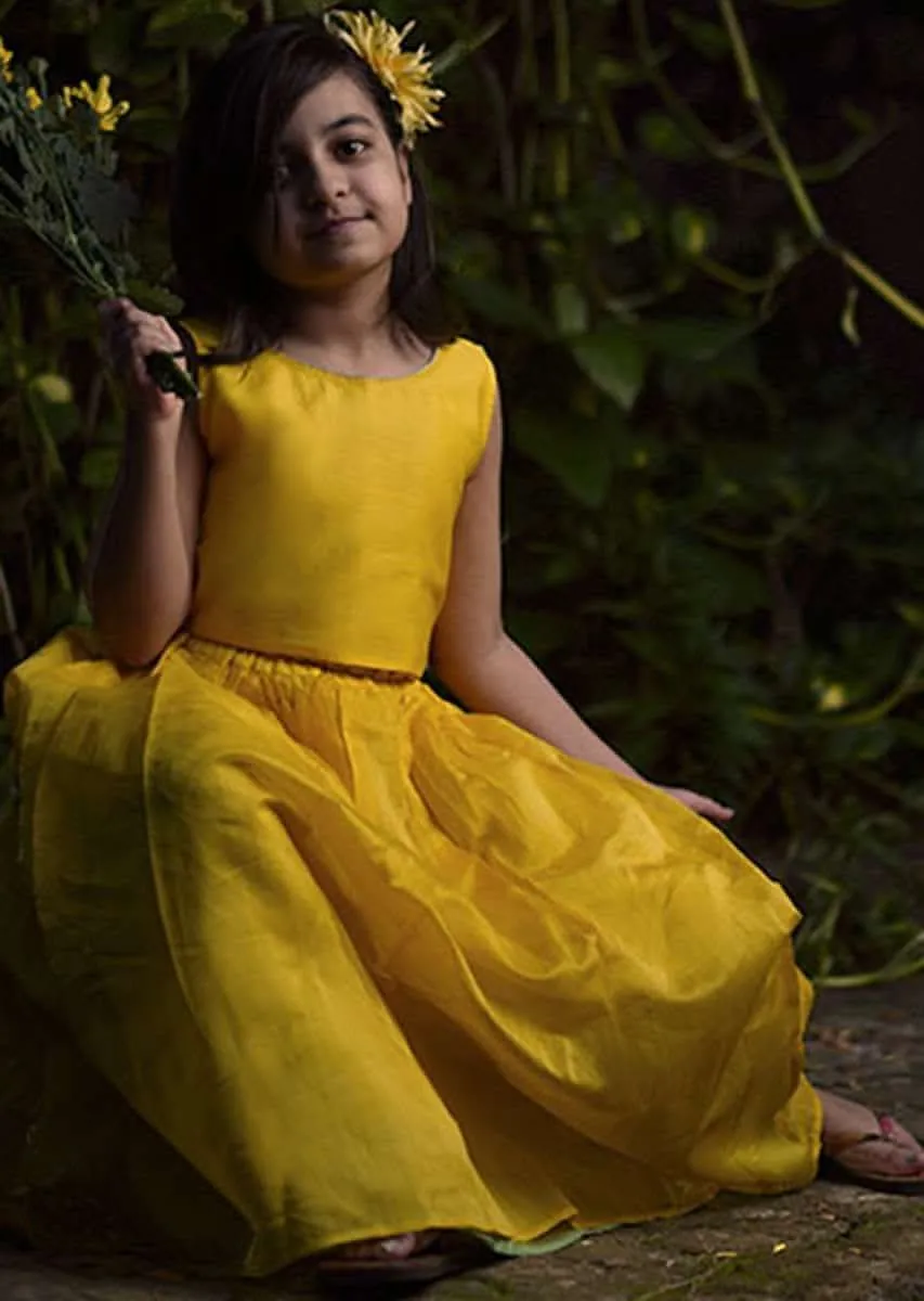 Kalki Girls Yellow Skirt And Crop Top In Hand Woven Cotton Silk With Tie Up At The Back And Woven Border By Love The World Today