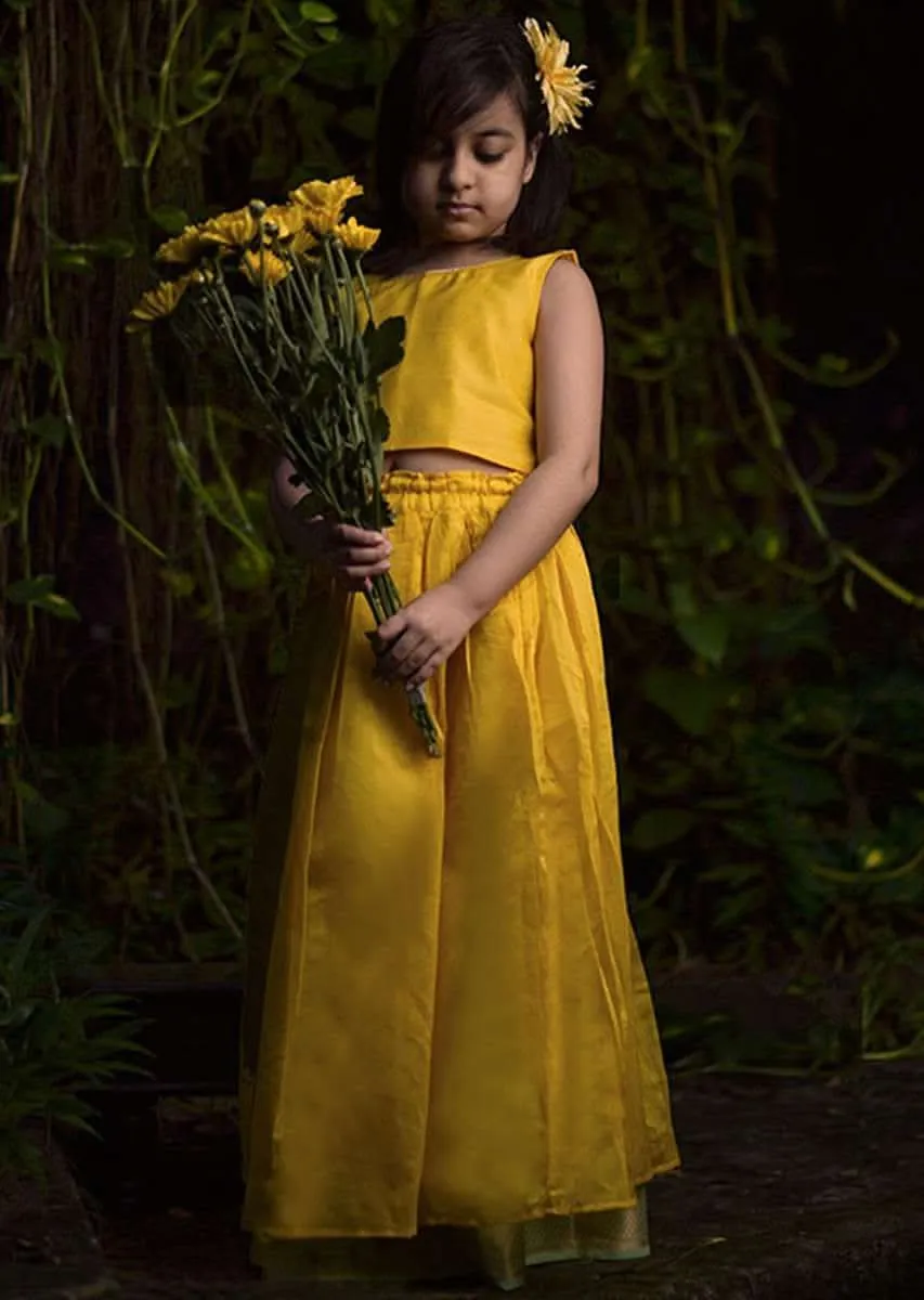 Kalki Girls Yellow Skirt And Crop Top In Hand Woven Cotton Silk With Tie Up At The Back And Woven Border By Love The World Today