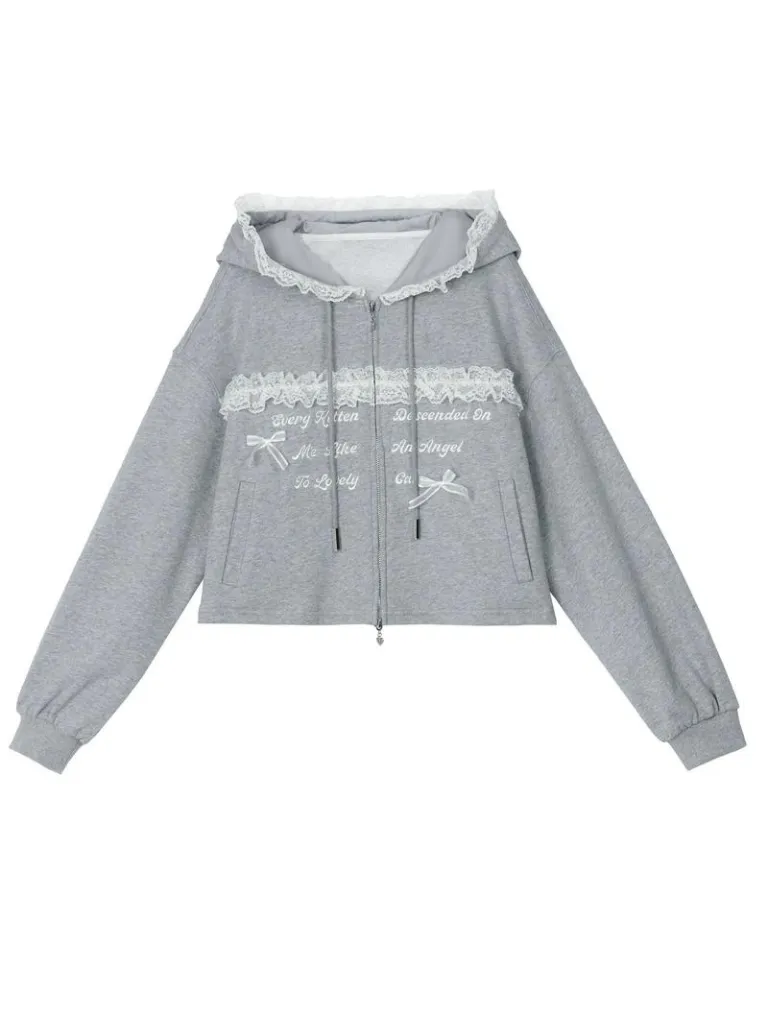 Long Gray Top Lace Hoodie Gray Embroidery Skirt