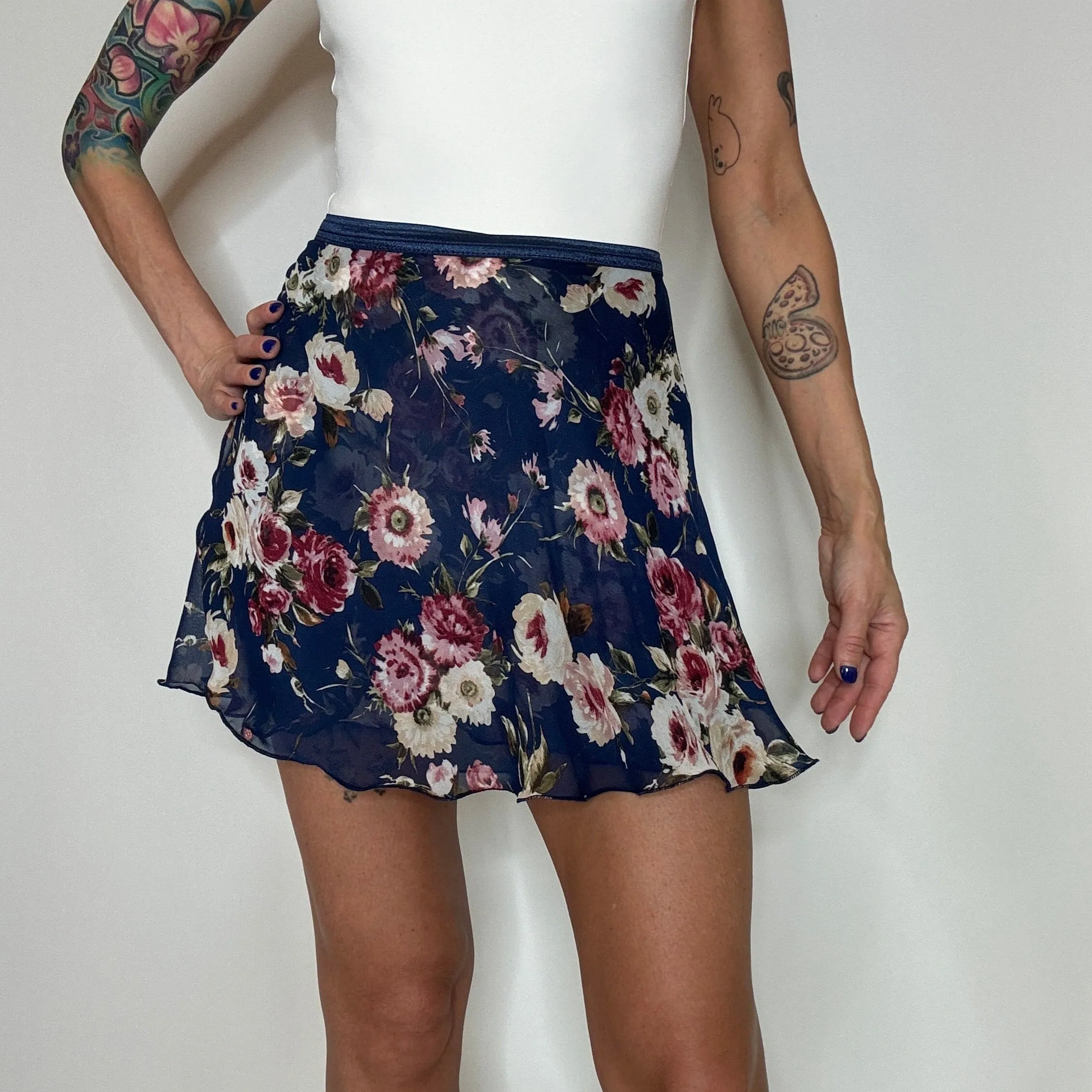 Moonlight Sonata Navy Blue Floral Print Chiffon Ballet Wrap Skirt - Classical