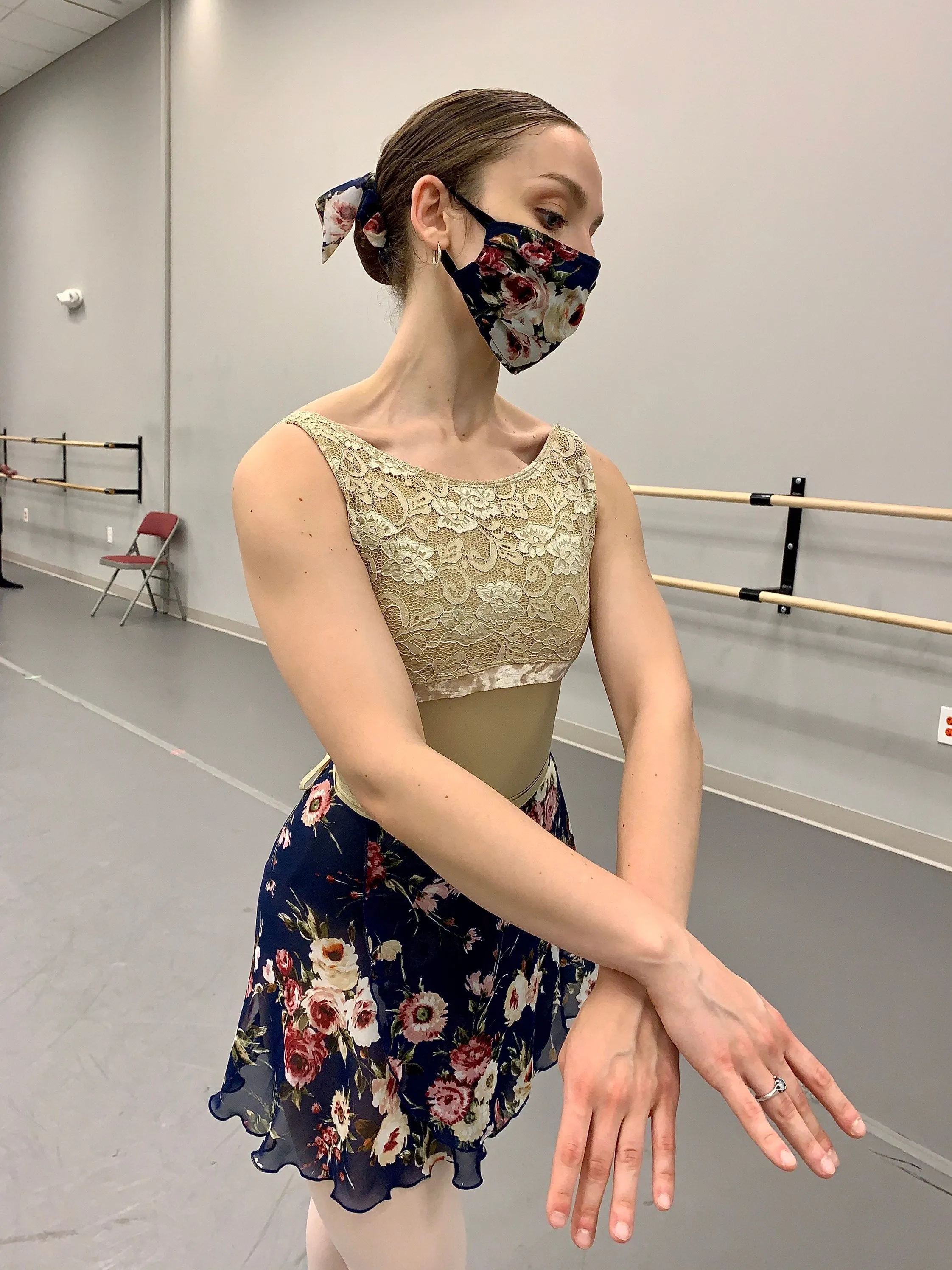 Moonlight Sonata Navy Blue Floral Print Chiffon Ballet Wrap Skirt - Classical
