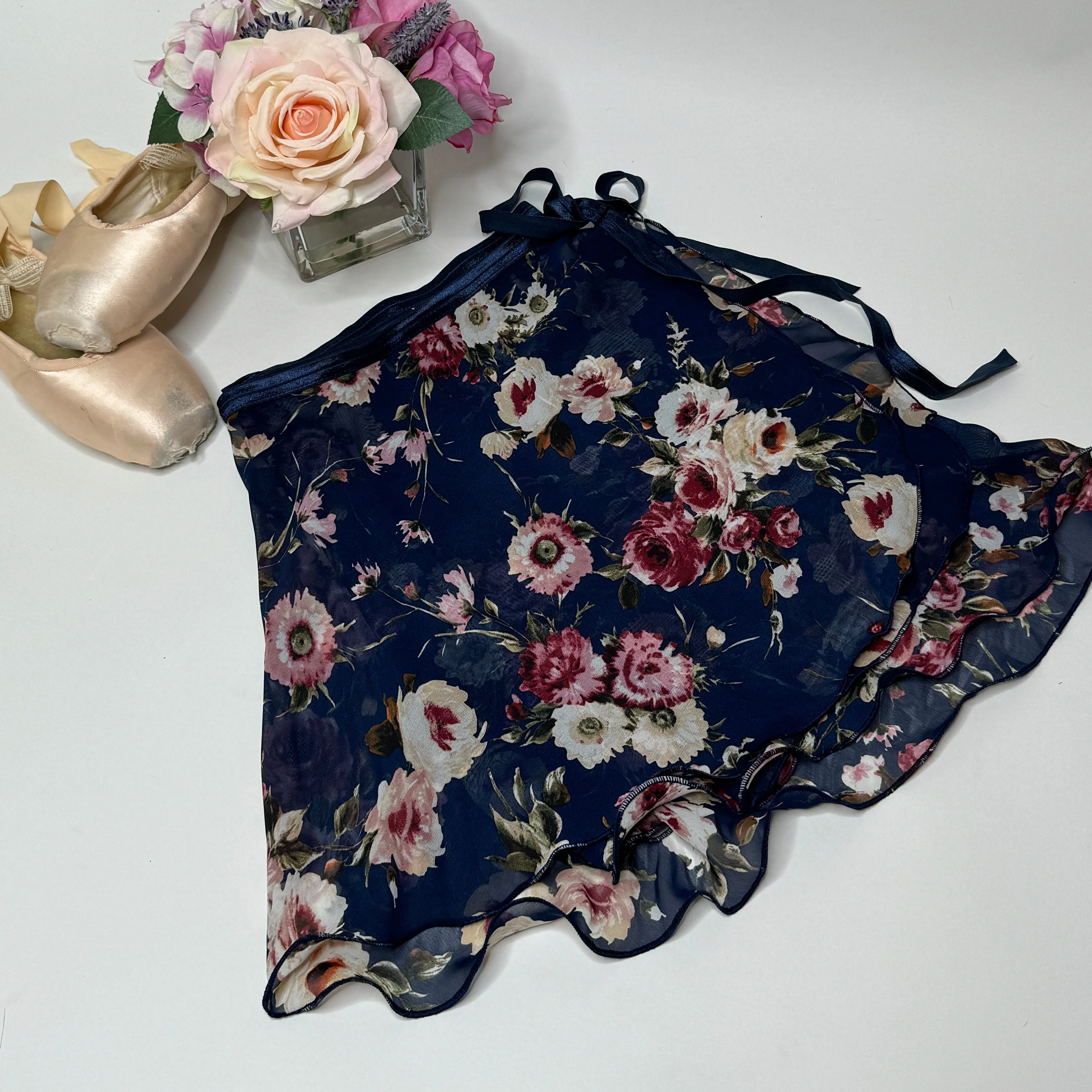 Moonlight Sonata Navy Blue Floral Print Chiffon Ballet Wrap Skirt - Classical
