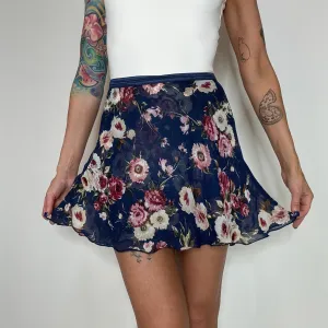 Moonlight Sonata Navy Blue Floral Print Chiffon Ballet Wrap Skirt - Classical