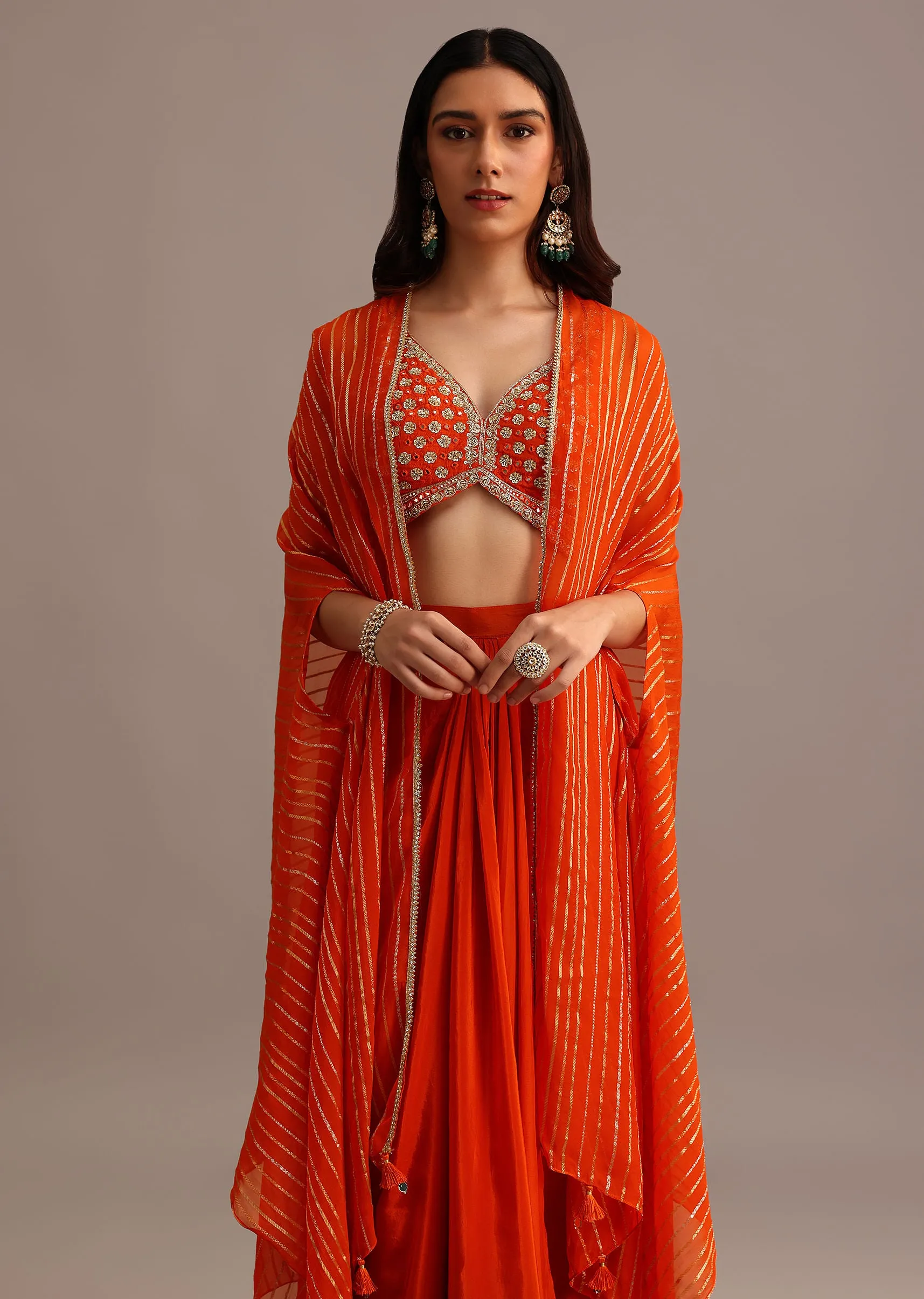Orange Embroidered Croptop With Pleated Skirt And Chanderi Jacket