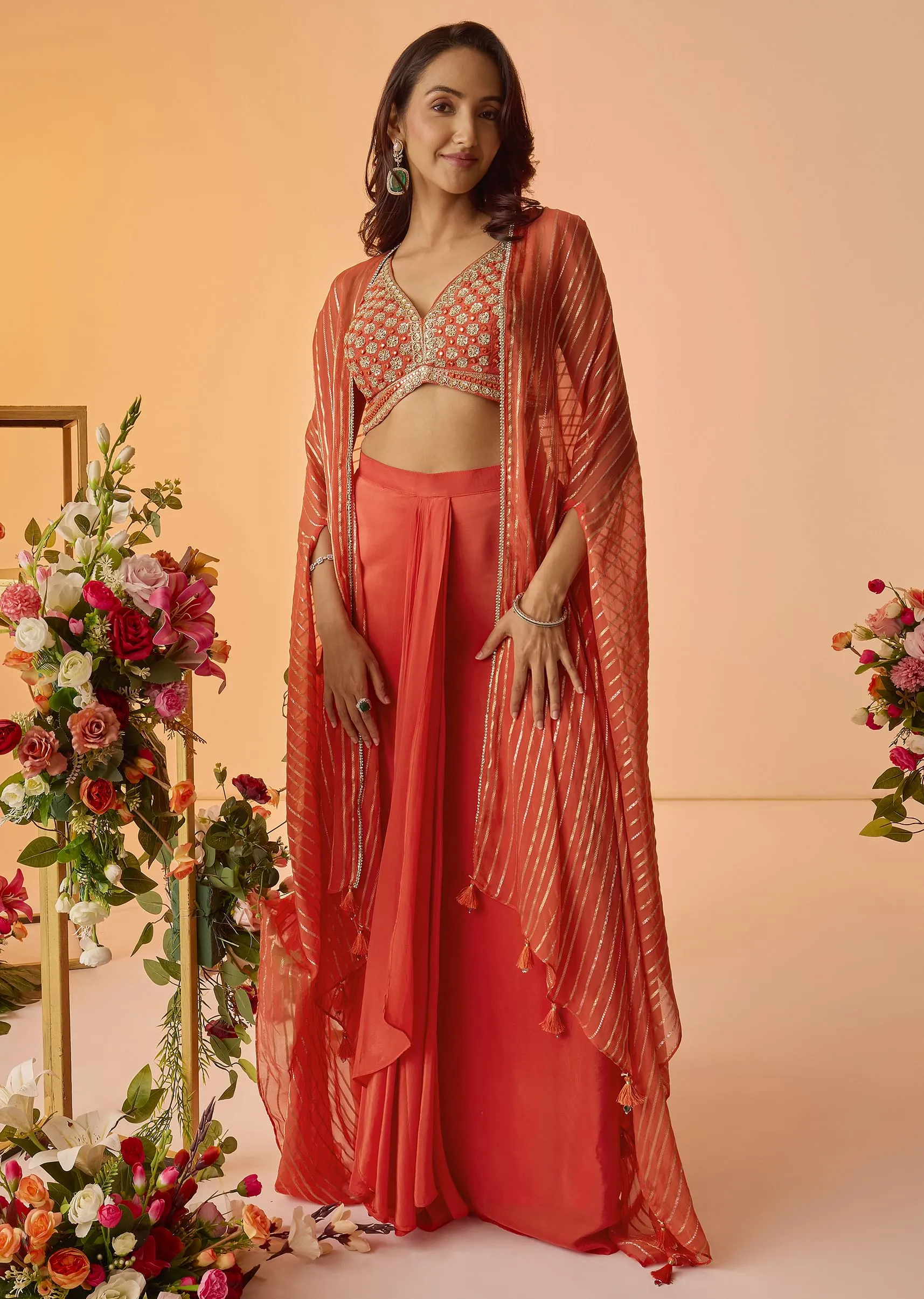 Orange Embroidered Croptop With Pleated Skirt And Chanderi Jacket