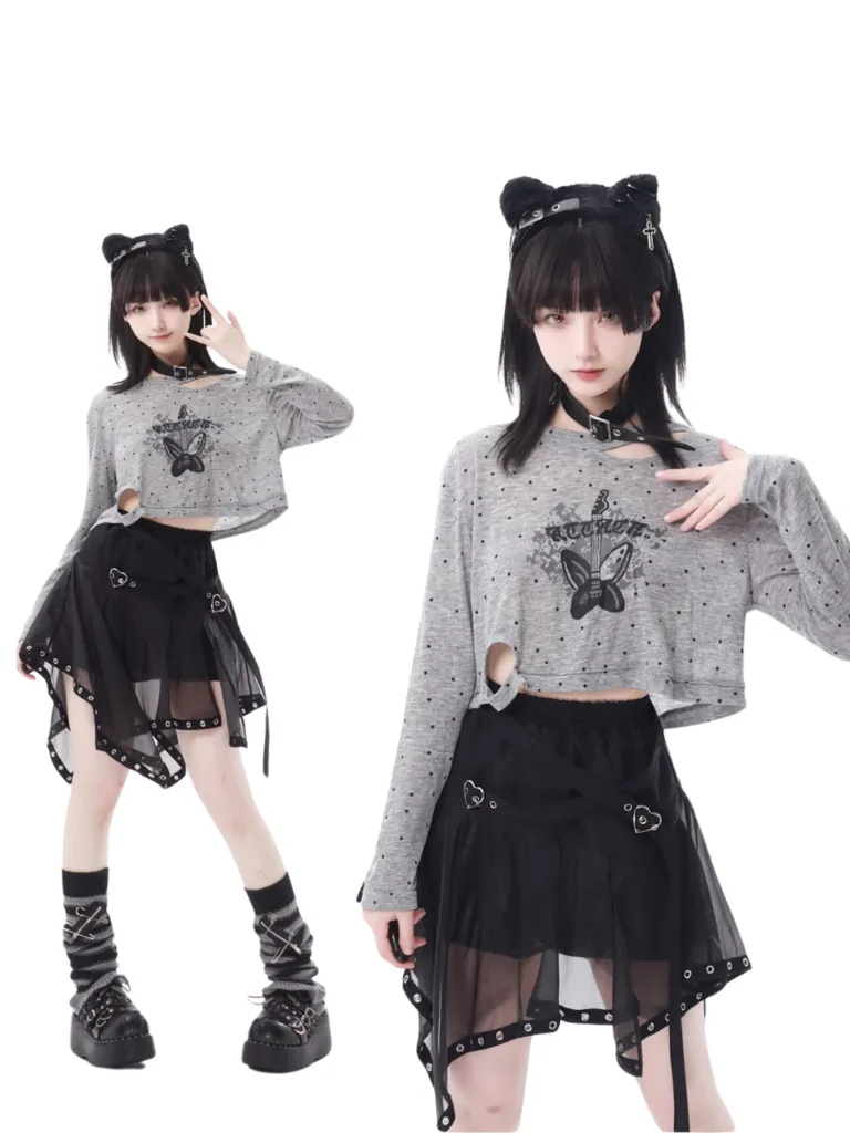 Print Summer Short Skirt Irregular Pullover Punk Hyde Tulle Butterfly   Knit