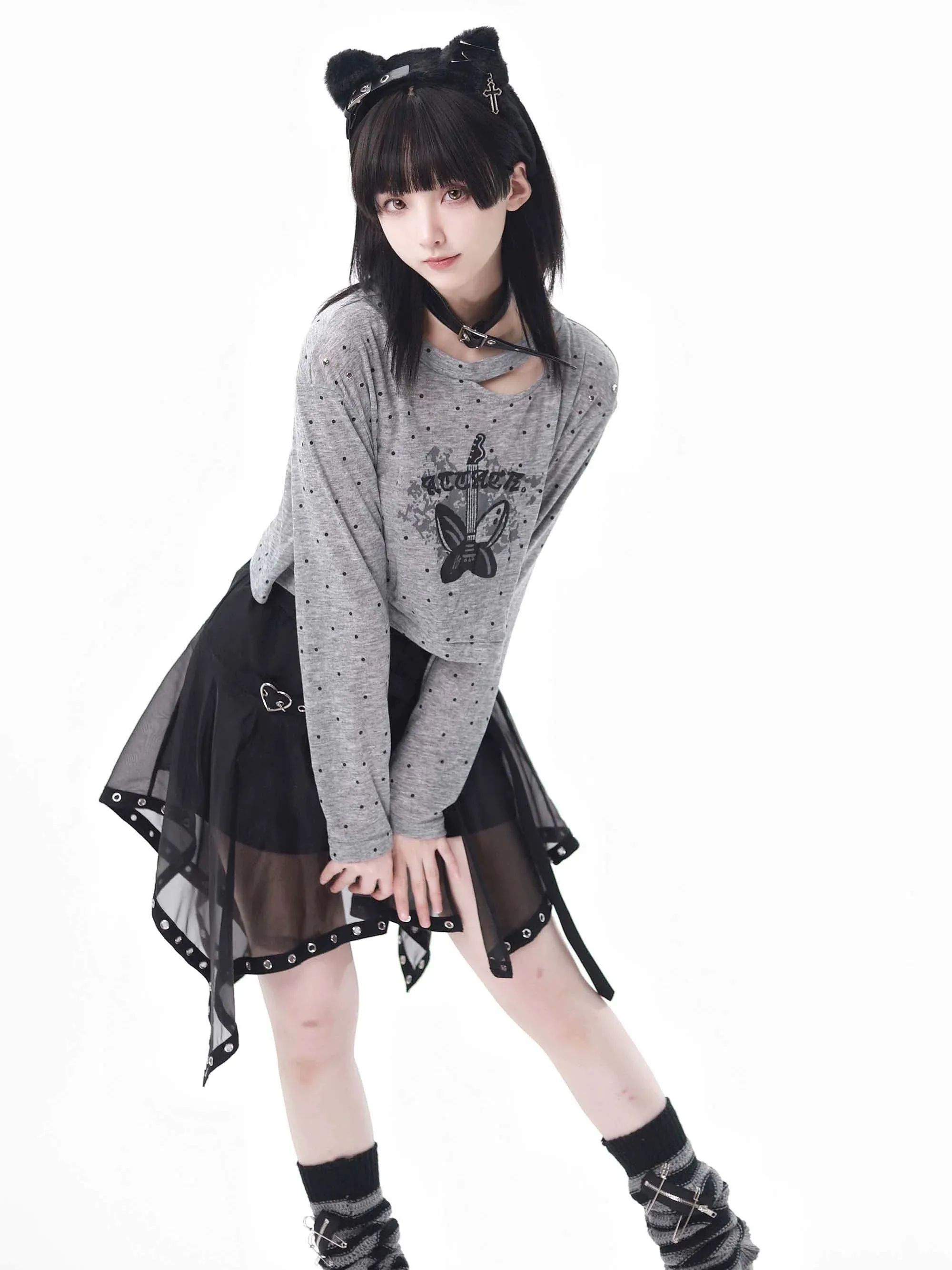 Print Summer Short Skirt Irregular Pullover Punk Hyde Tulle Butterfly   Knit