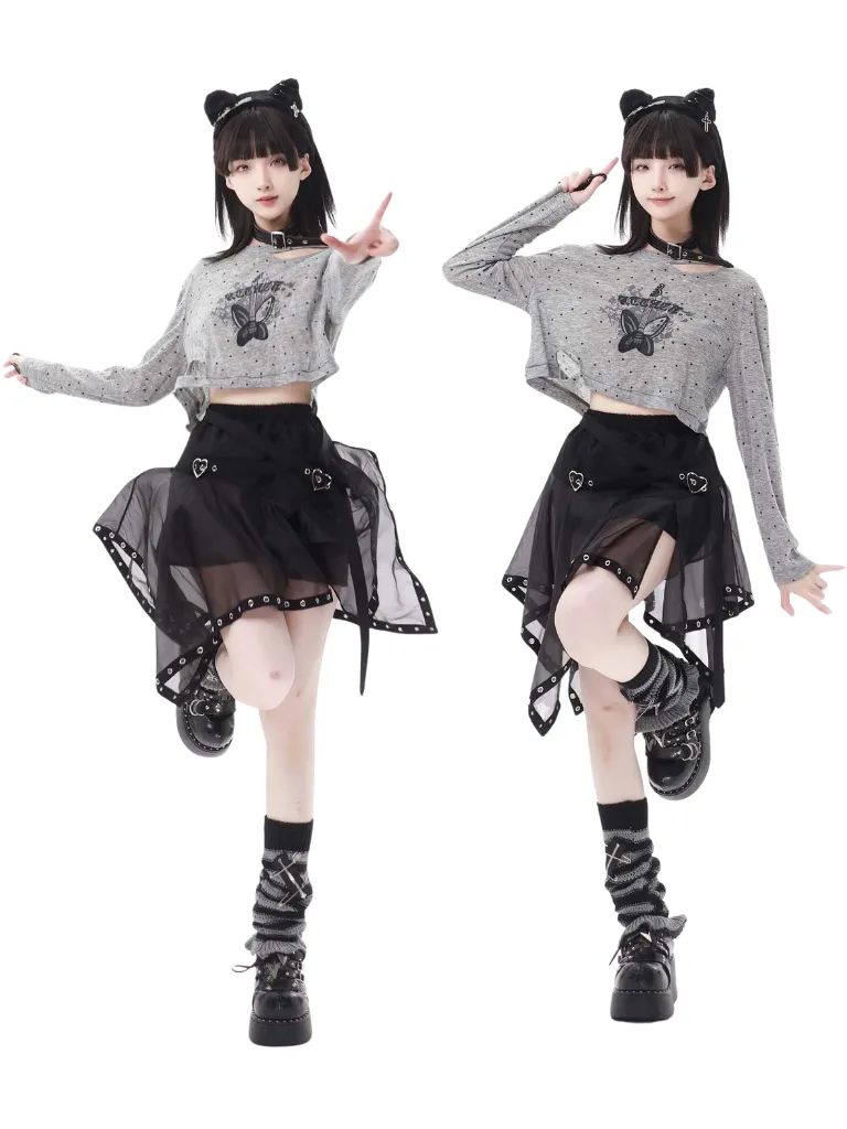 Print Summer Short Skirt Irregular Pullover Punk Hyde Tulle Butterfly   Knit