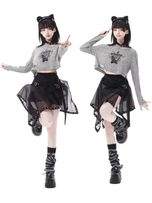 Print Summer Short Skirt Irregular Pullover Punk Hyde Tulle Butterfly   Knit