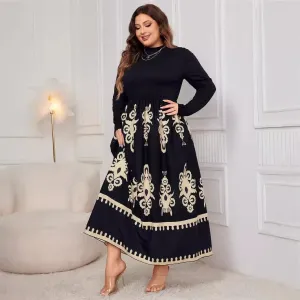 Printed Black Plus Size Loose Long Sleeve Dress