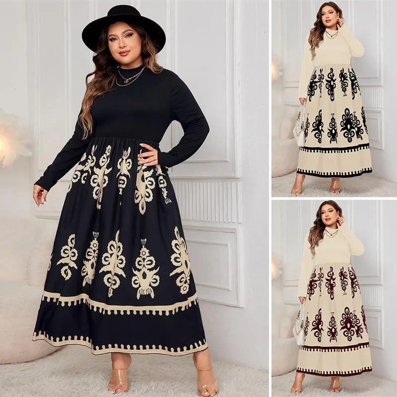 Printed Black Plus Size Loose Long Sleeve Dress
